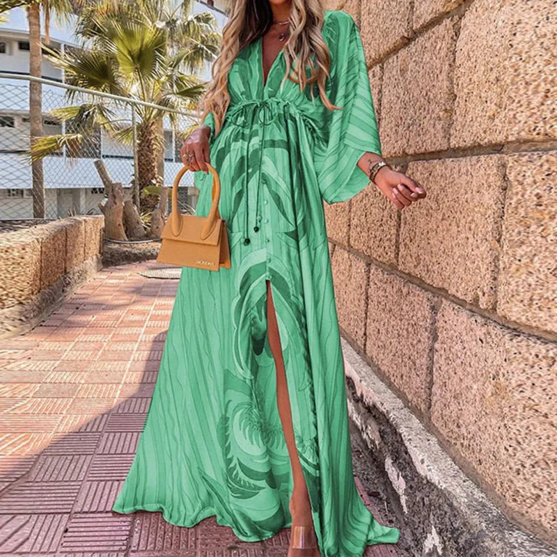 Elegant Artsy Print Oversized Holiday Beachy Maxi V-Neck Dress