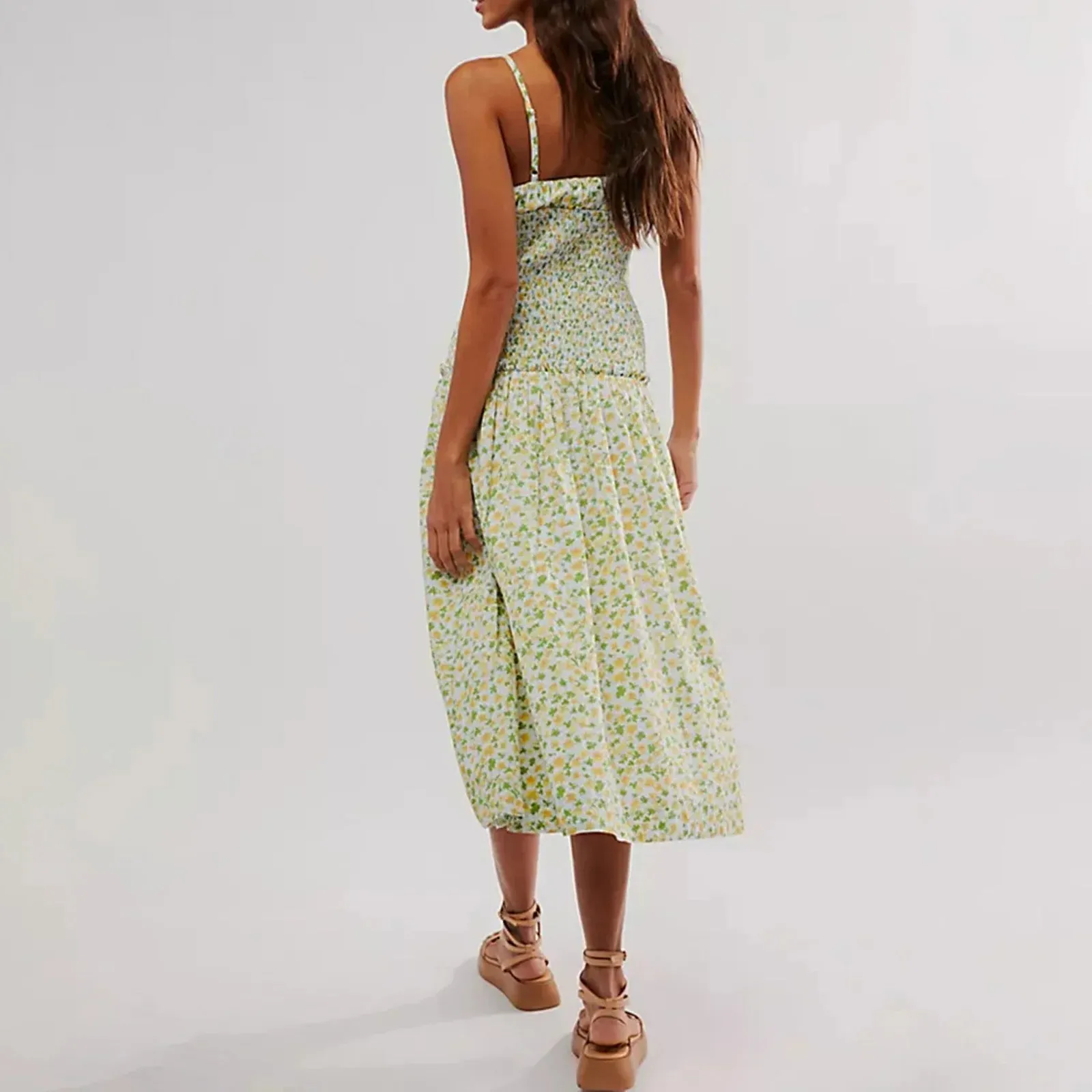 Floral Strawberry Print Spaghetti Strap Tie Front Slim Bustier Long Vacation Beach Sun Summer Cami Dress