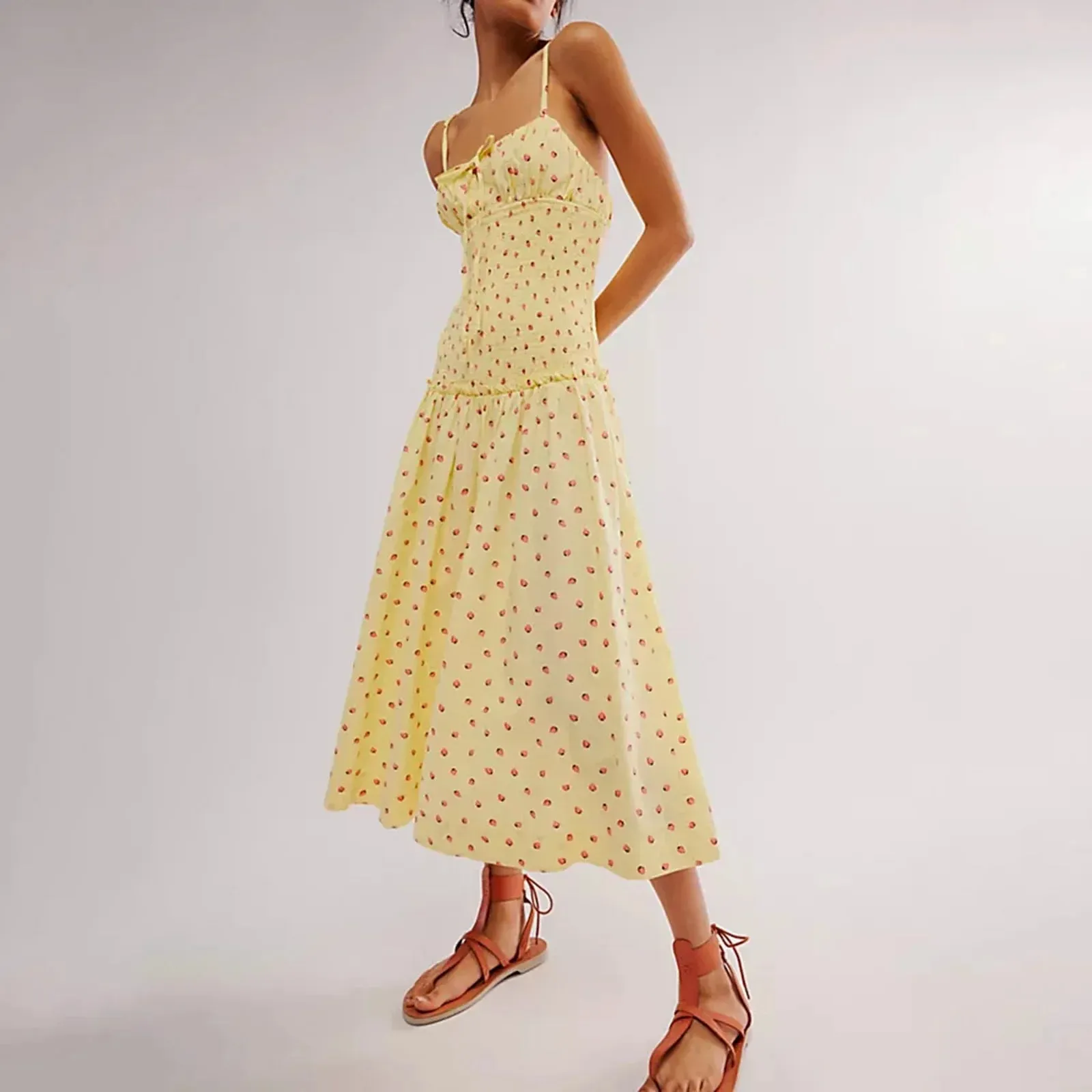 Floral Strawberry Print Spaghetti Strap Tie Front Slim Bustier Long Vacation Beach Sun Summer Cami Dress