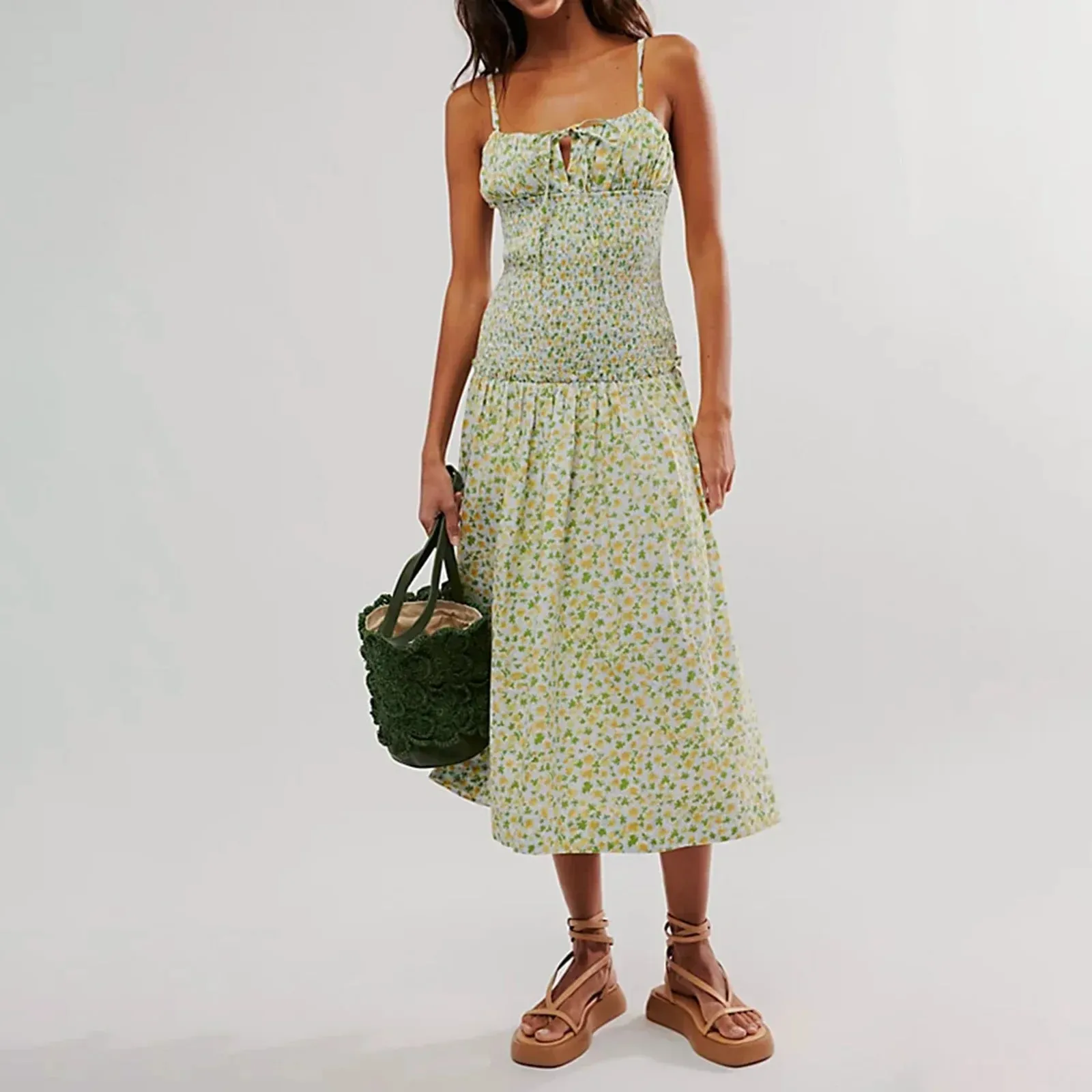 Floral Strawberry Print Spaghetti Strap Tie Front Slim Bustier Long Vacation Beach Sun Summer Cami Dress