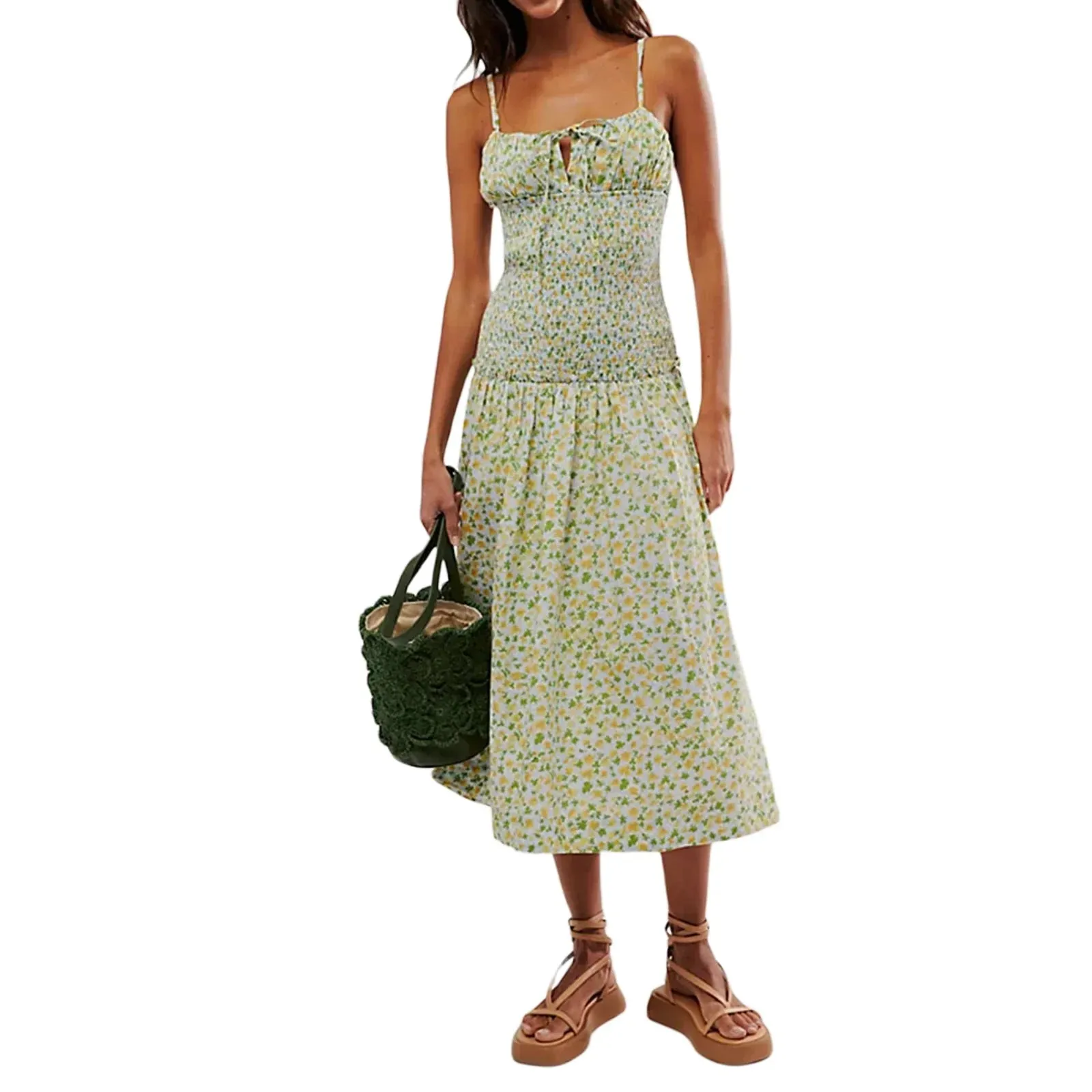 Floral Strawberry Print Spaghetti Strap Tie Front Slim Bustier Long Vacation Beach Sun Summer Cami Dress