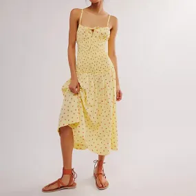 Floral Strawberry Print Spaghetti Strap Tie Front Slim Bustier Long Vacation Beach Sun Summer Cami Dress