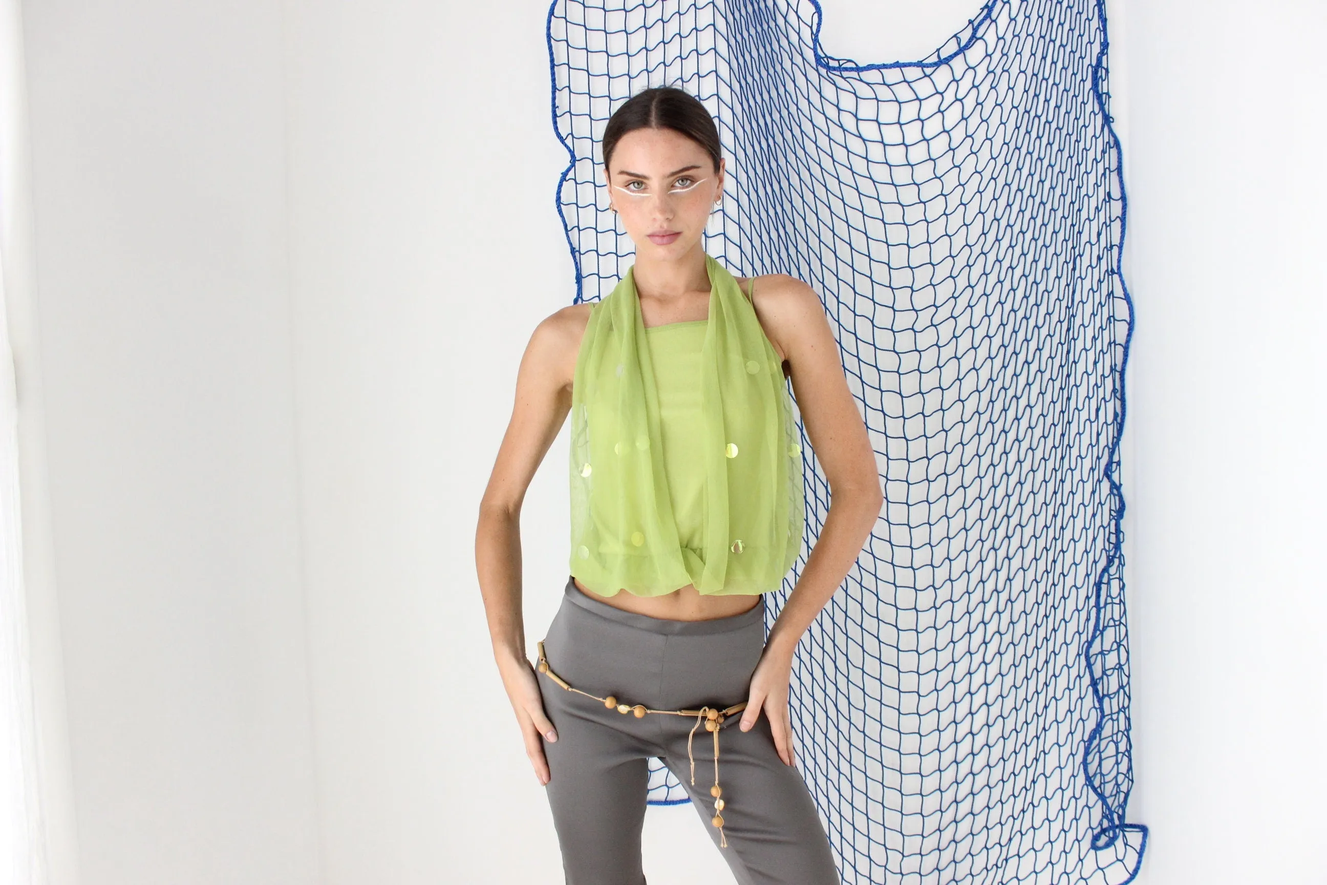 FOUND IN GREECE Y2K Lime Green Sheer Mesh & Sequin Hooded Top look