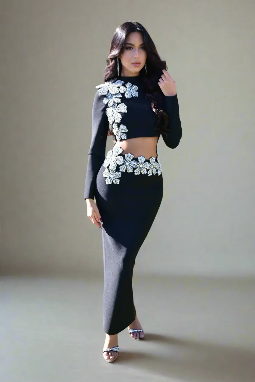FREYA CRYSTAL EMBELLISHED BLACK MAXI SET