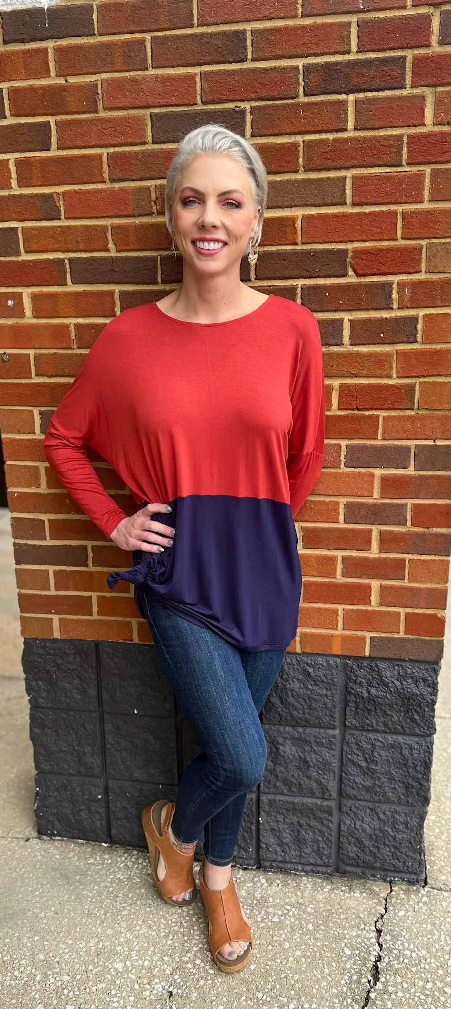 Game Day Rust and Navy Colorblock Knit Top