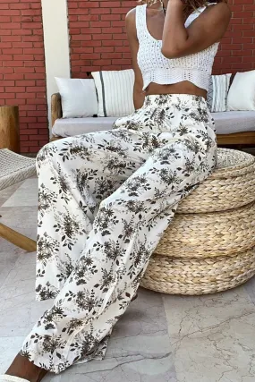 GNS Woman Beige High Waisted Elastic Waist Pocket Patterned Wide Leg Pants BST700-3644 - Eisenach
