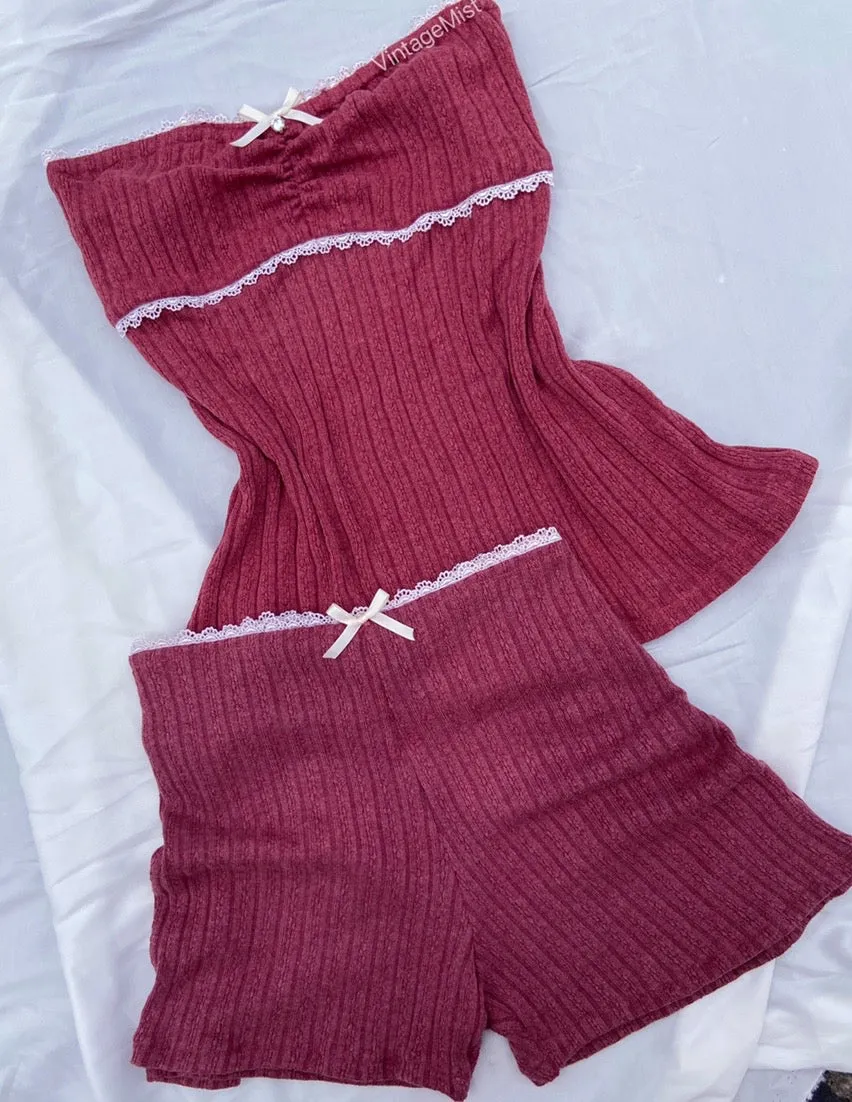 High Waist Lace Trim Pajama Shorts Set