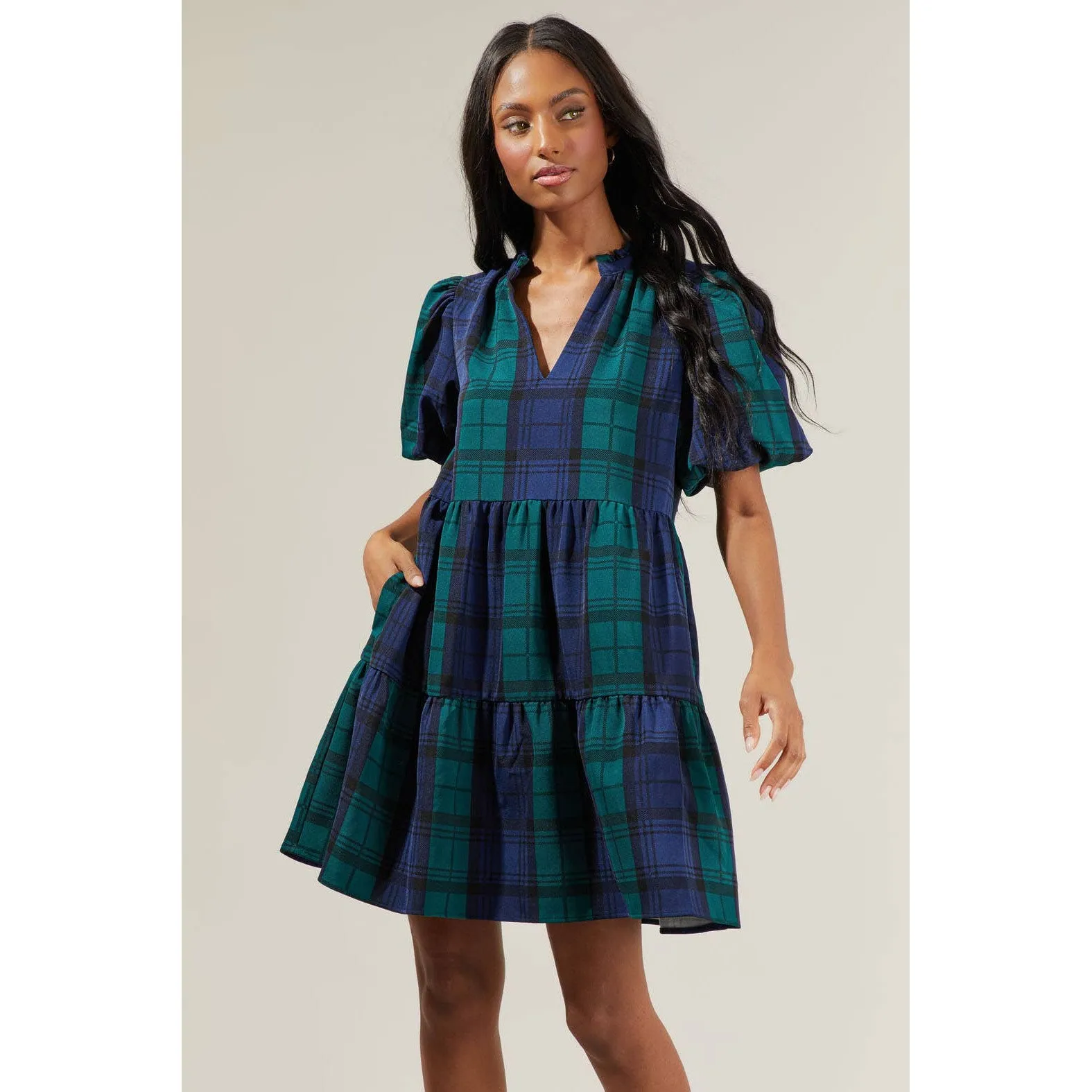 Hudson Plaid Jacey Babydoll Eyelet Mini Dress