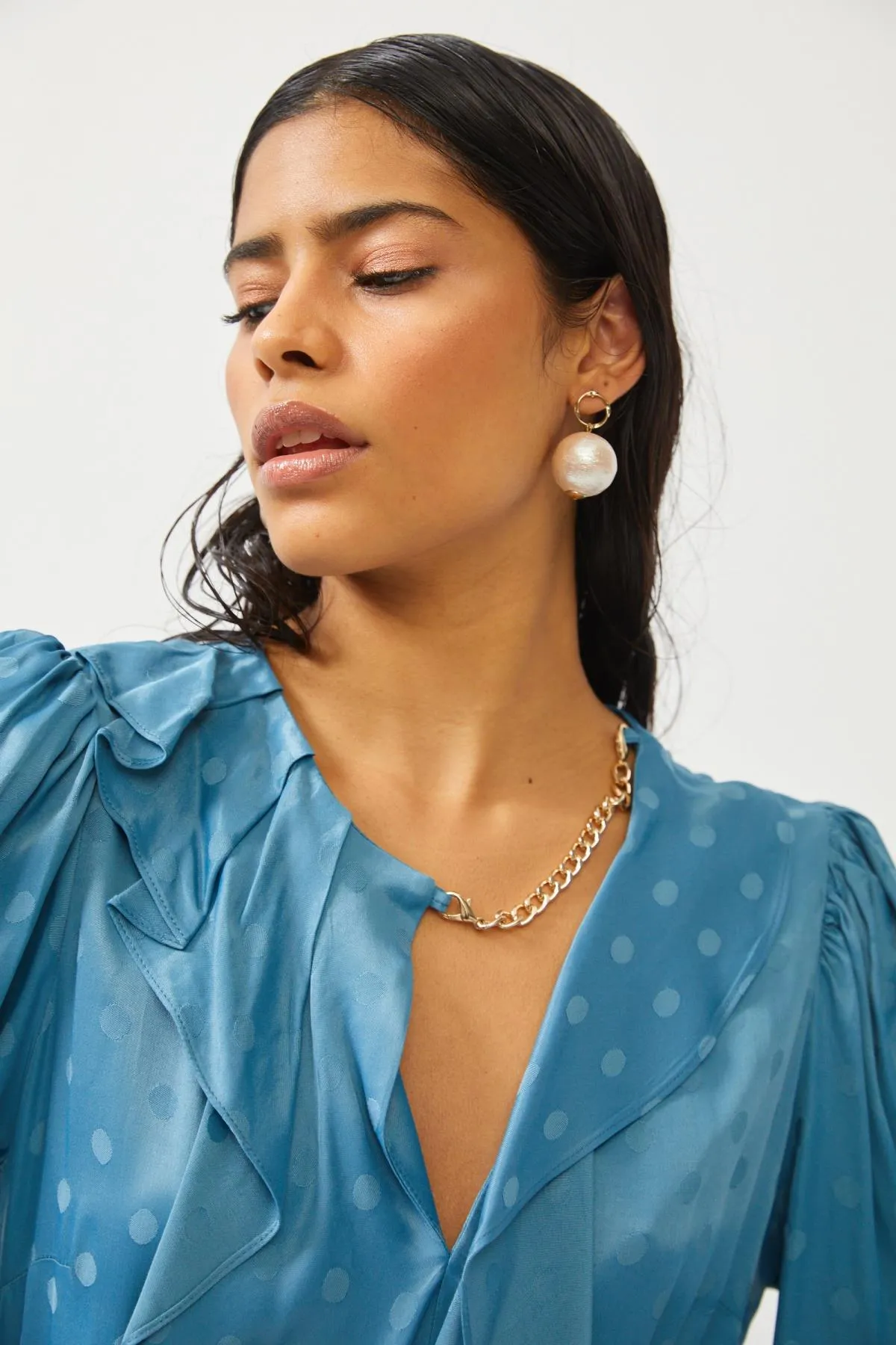 Indigo Ruffle Chain Detail Puff Sleeve Maxi Dress