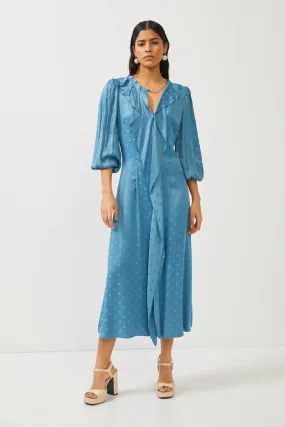 Indigo Ruffle Chain Detail Puff Sleeve Maxi Dress