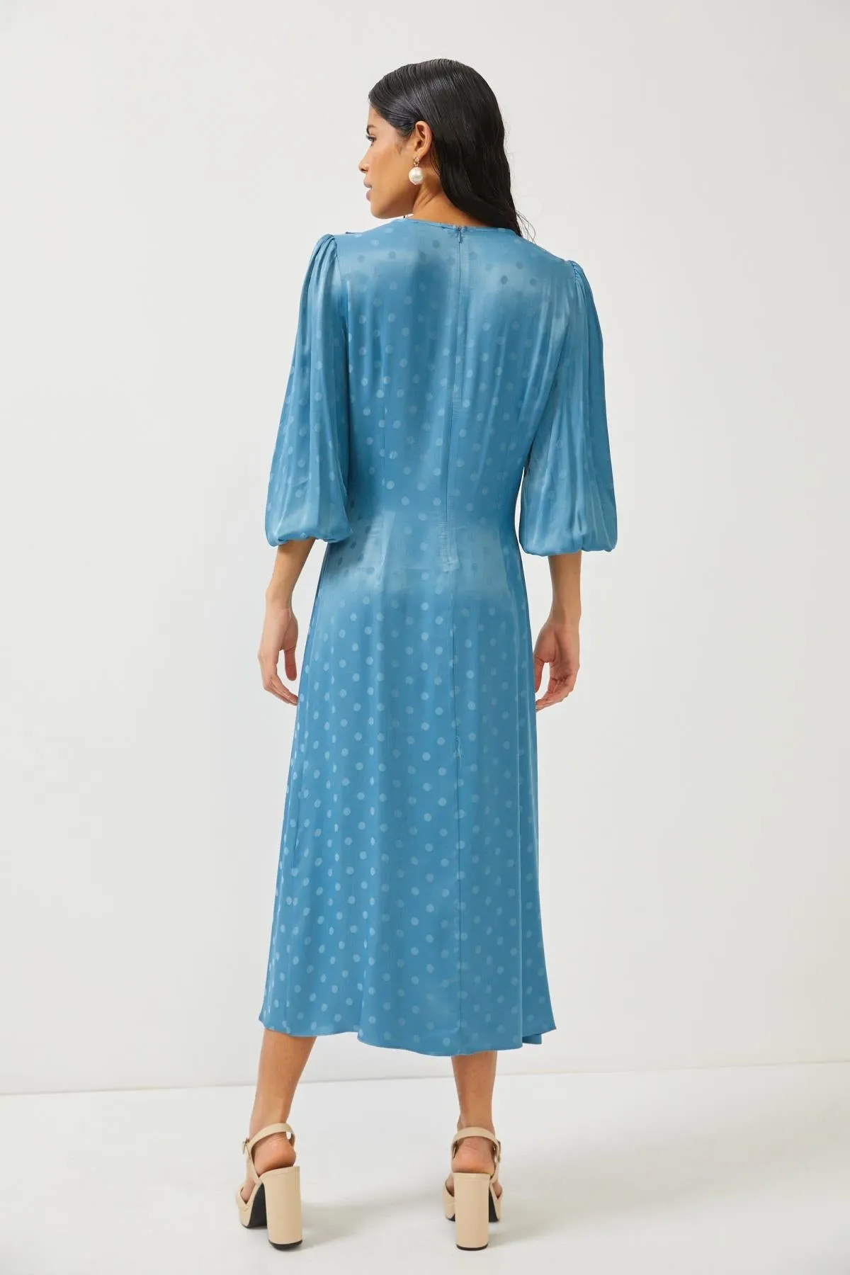 Indigo Ruffle Chain Detail Puff Sleeve Maxi Dress
