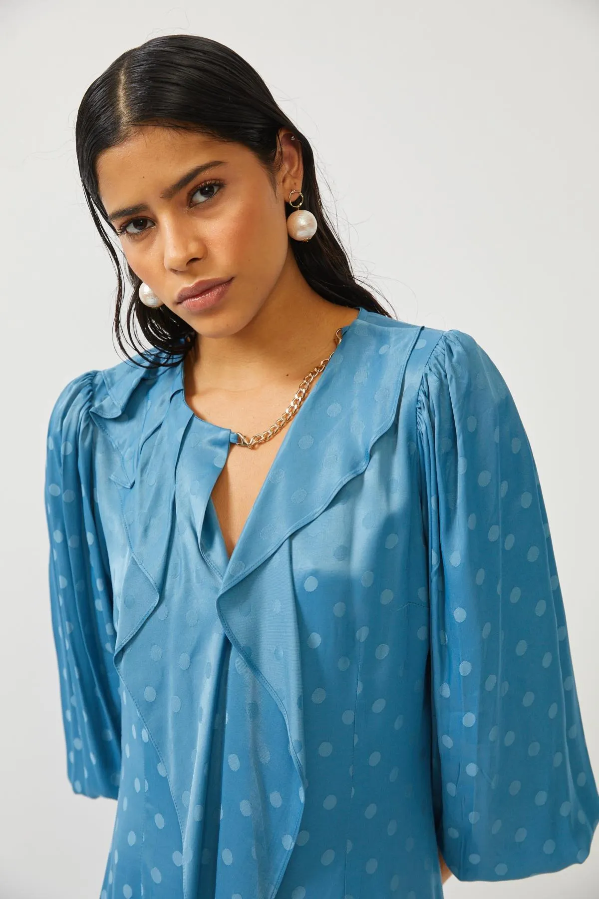 Indigo Ruffle Chain Detail Puff Sleeve Maxi Dress