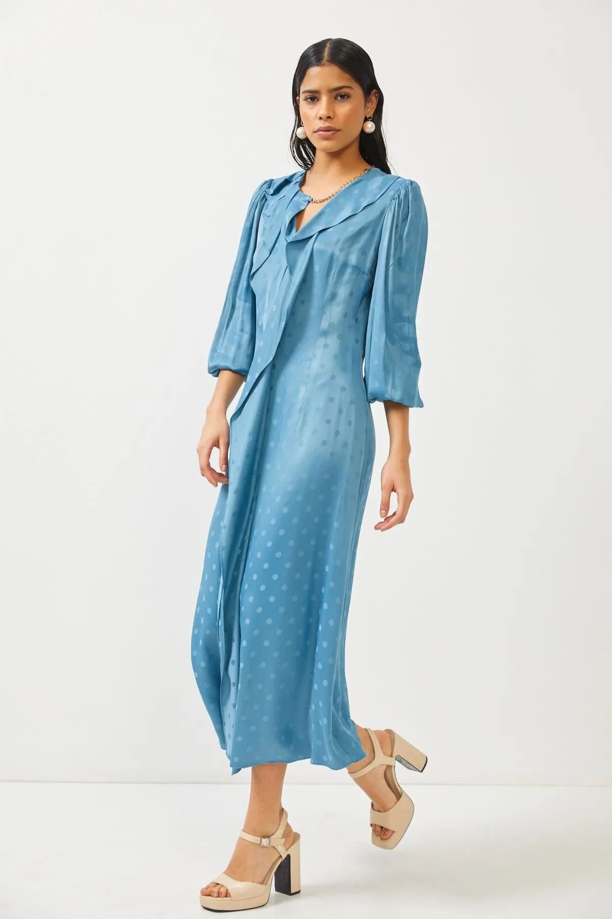 Indigo Ruffle Chain Detail Puff Sleeve Maxi Dress