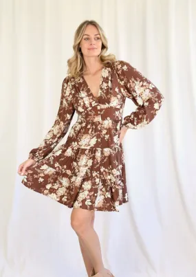 Islayha Long Sleeve Button Front Dress in Chocolate Print