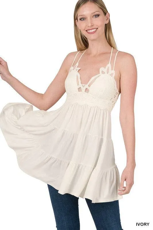Ivory Crochet Lace Ruffle Cami Dress