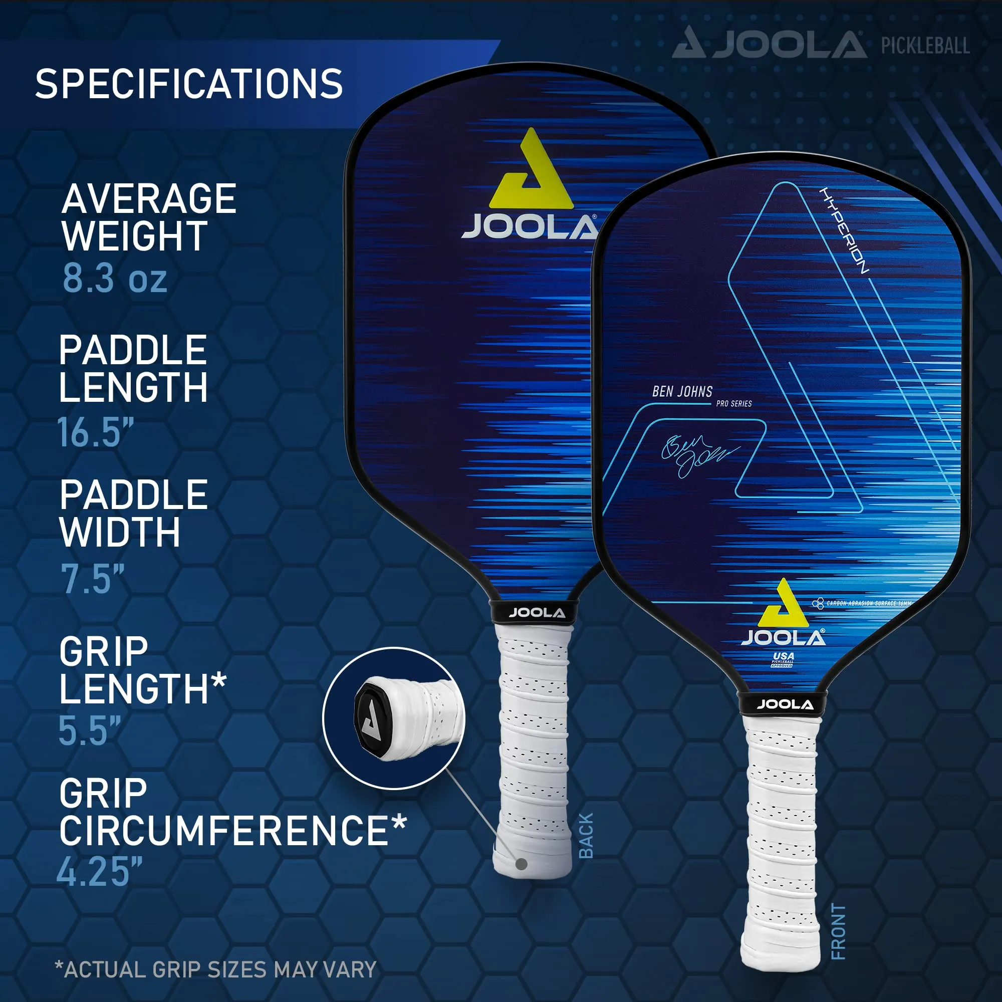 JOOLA Ben Johns Hyperion Pickleball Paddle - Carbon Surface, High Grit & Spin, Elongated Handle, Polypropylene Honeycomb Core, Custom Cover