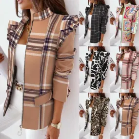 Leopard Print Zip Ruffle Shoulder Jacket- Glamzlife