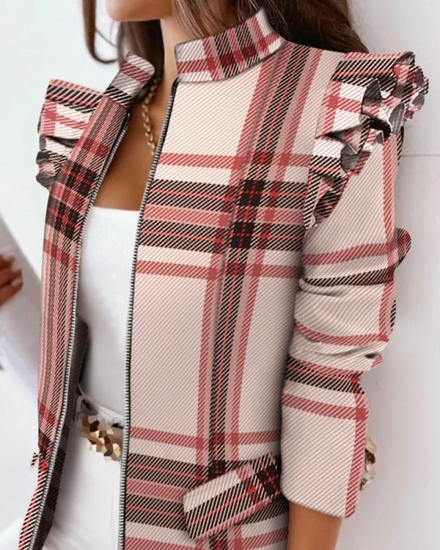 Leopard Print Zip Ruffle Shoulder Jacket- Glamzlife