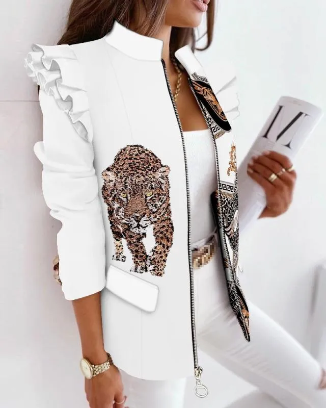 Leopard Print Zip Ruffle Shoulder Jacket- Glamzlife