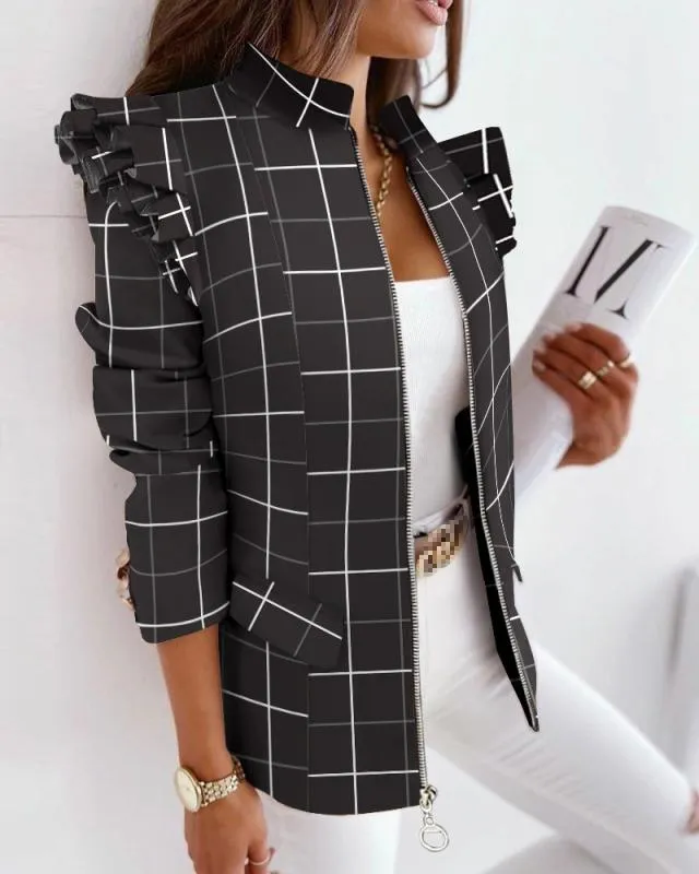 Leopard Print Zip Ruffle Shoulder Jacket- Glamzlife