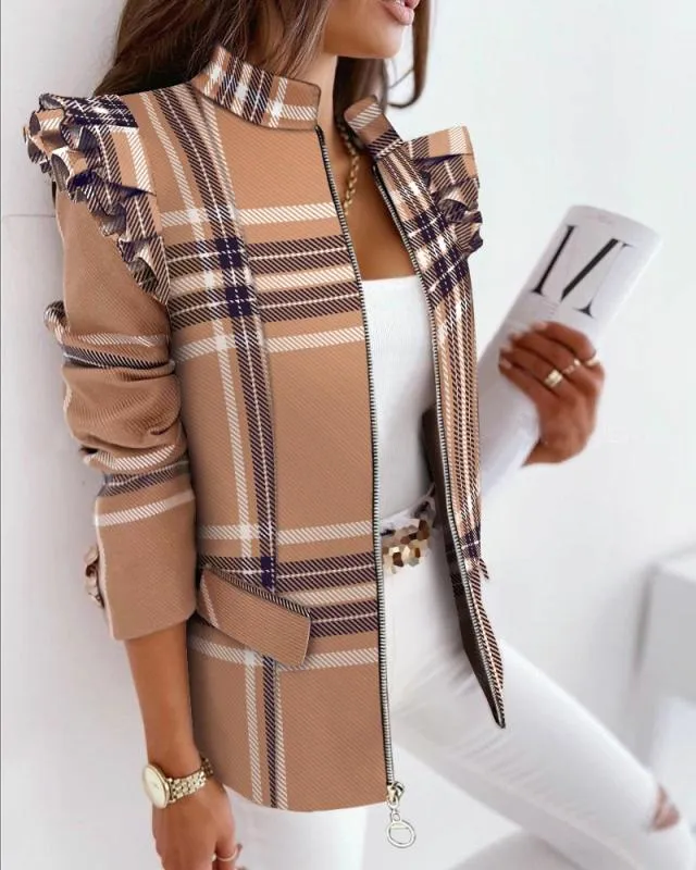 Leopard Print Zip Ruffle Shoulder Jacket- Glamzlife