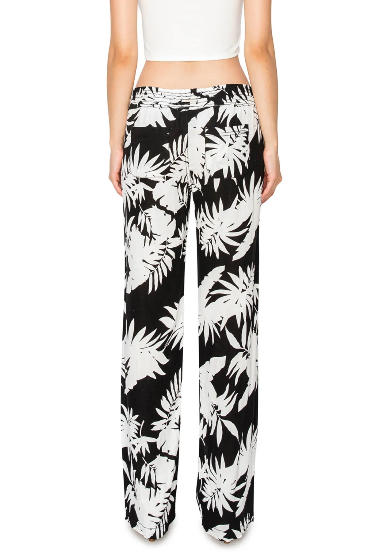 Linen Pants 32" Inseam Drawstring Smocked Waist Printed Beach Pants  - Black White