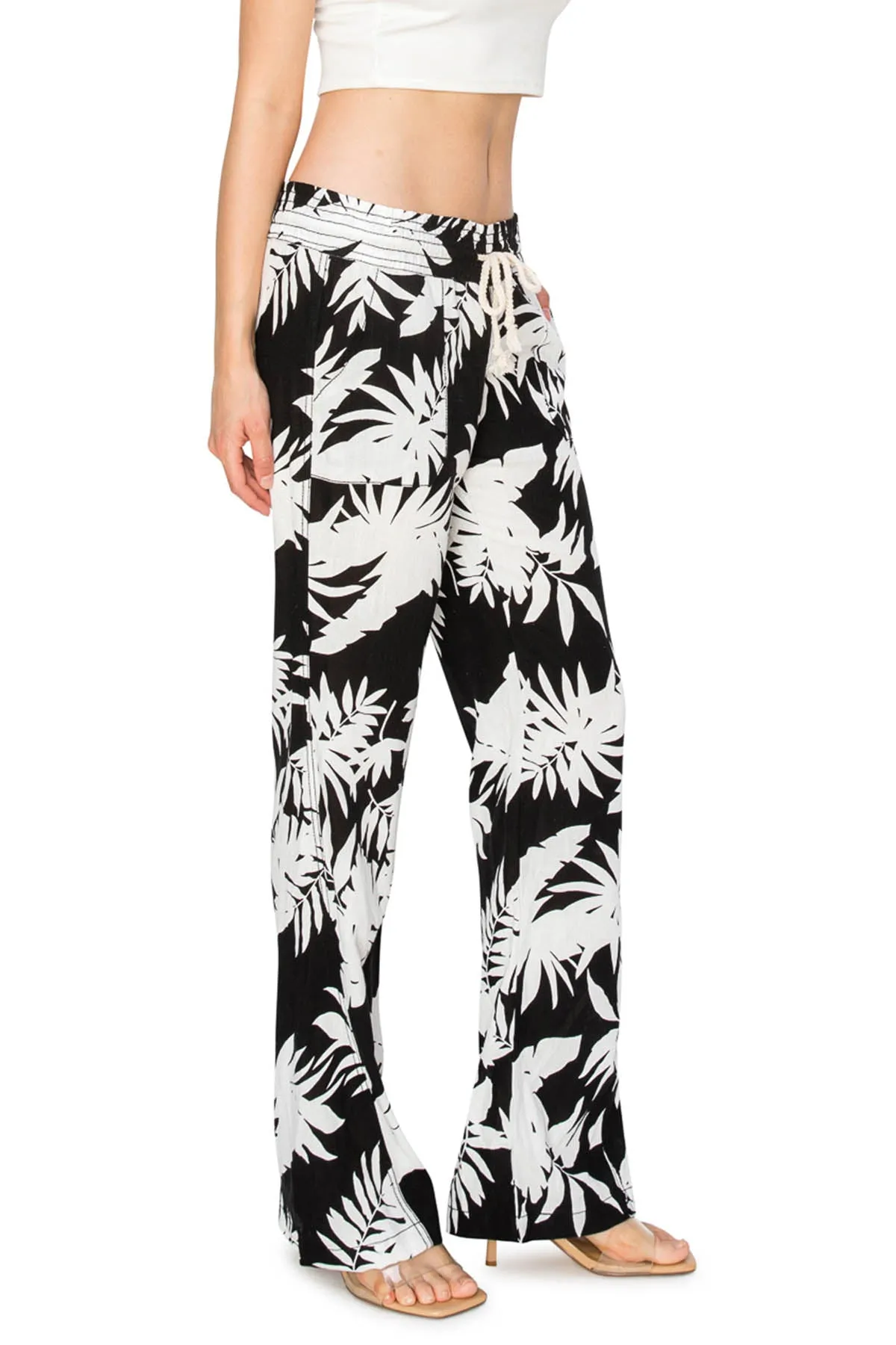 Linen Pants 32" Inseam Drawstring Smocked Waist Printed Beach Pants  - Black White