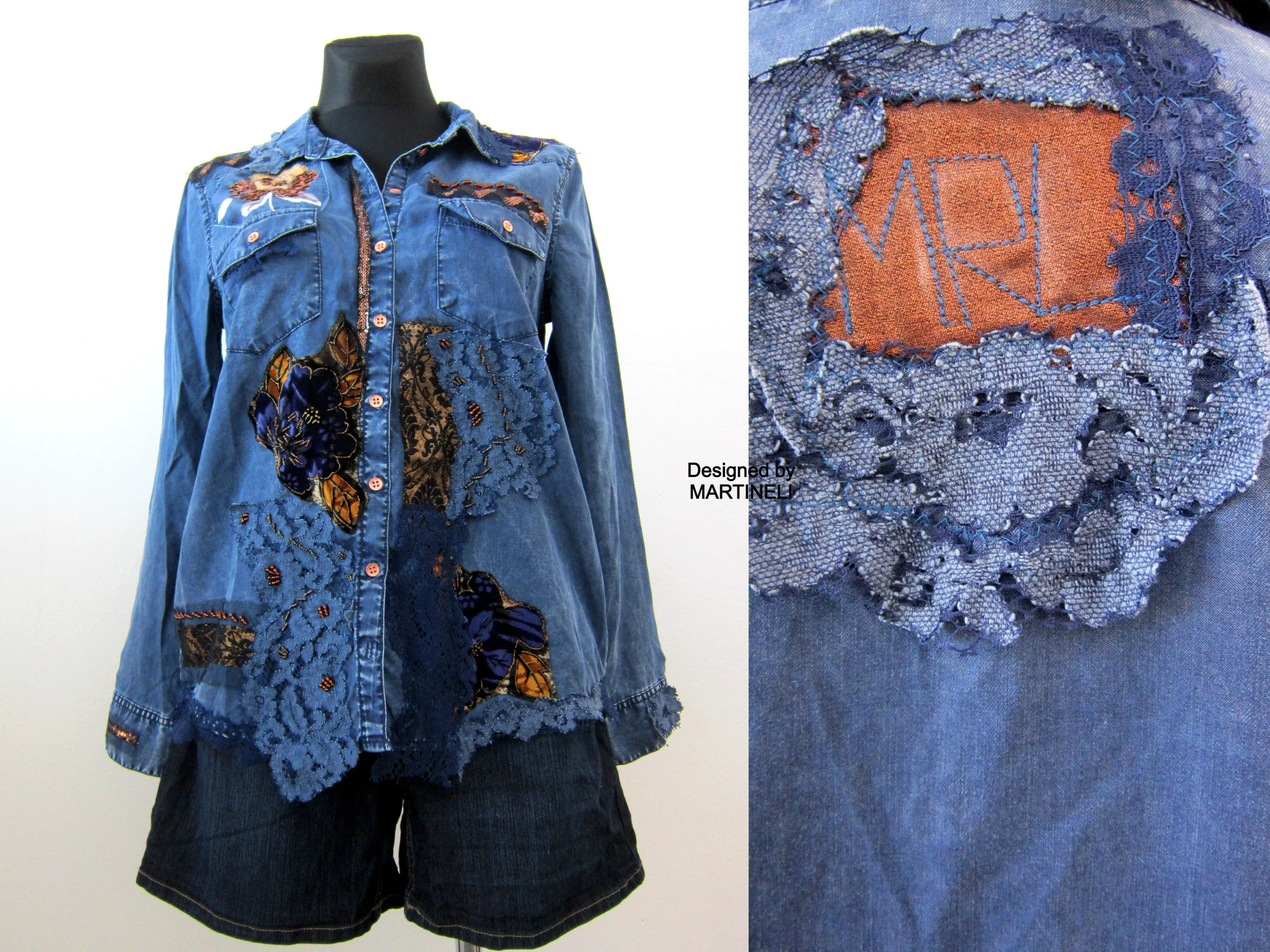 Long Sleeve Boho Chic Denim Shirt,M/L Embroidered Shirt for Women