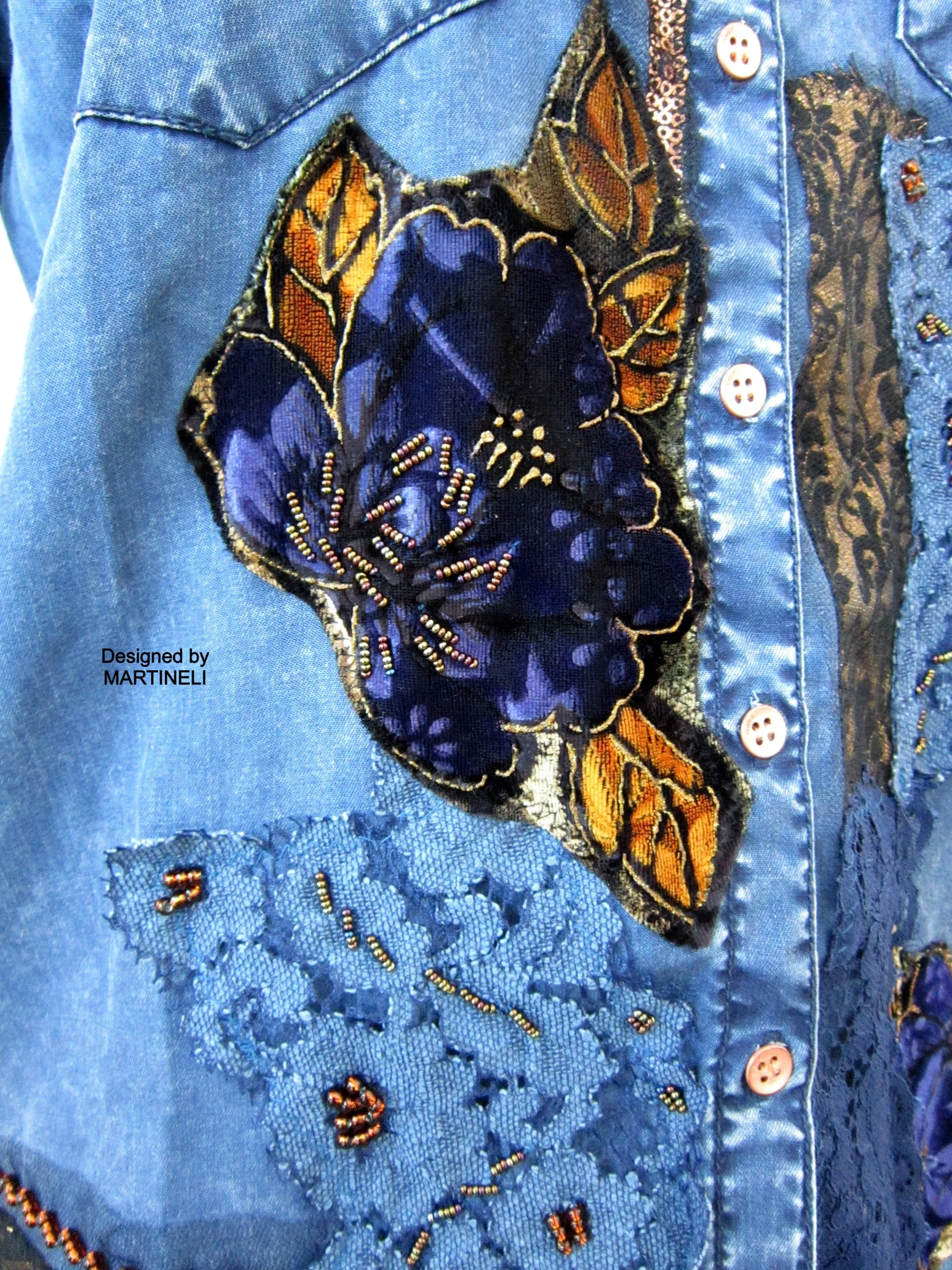 Long Sleeve Boho Chic Denim Shirt,M/L Embroidered Shirt for Women
