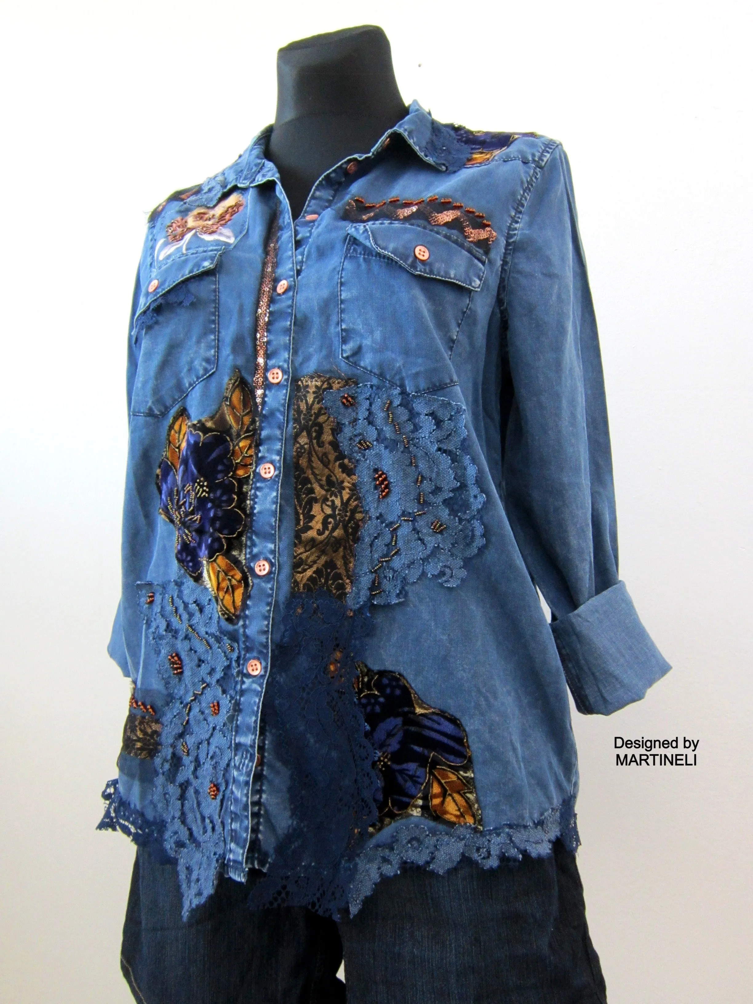Long Sleeve Boho Chic Denim Shirt,M/L Embroidered Shirt for Women