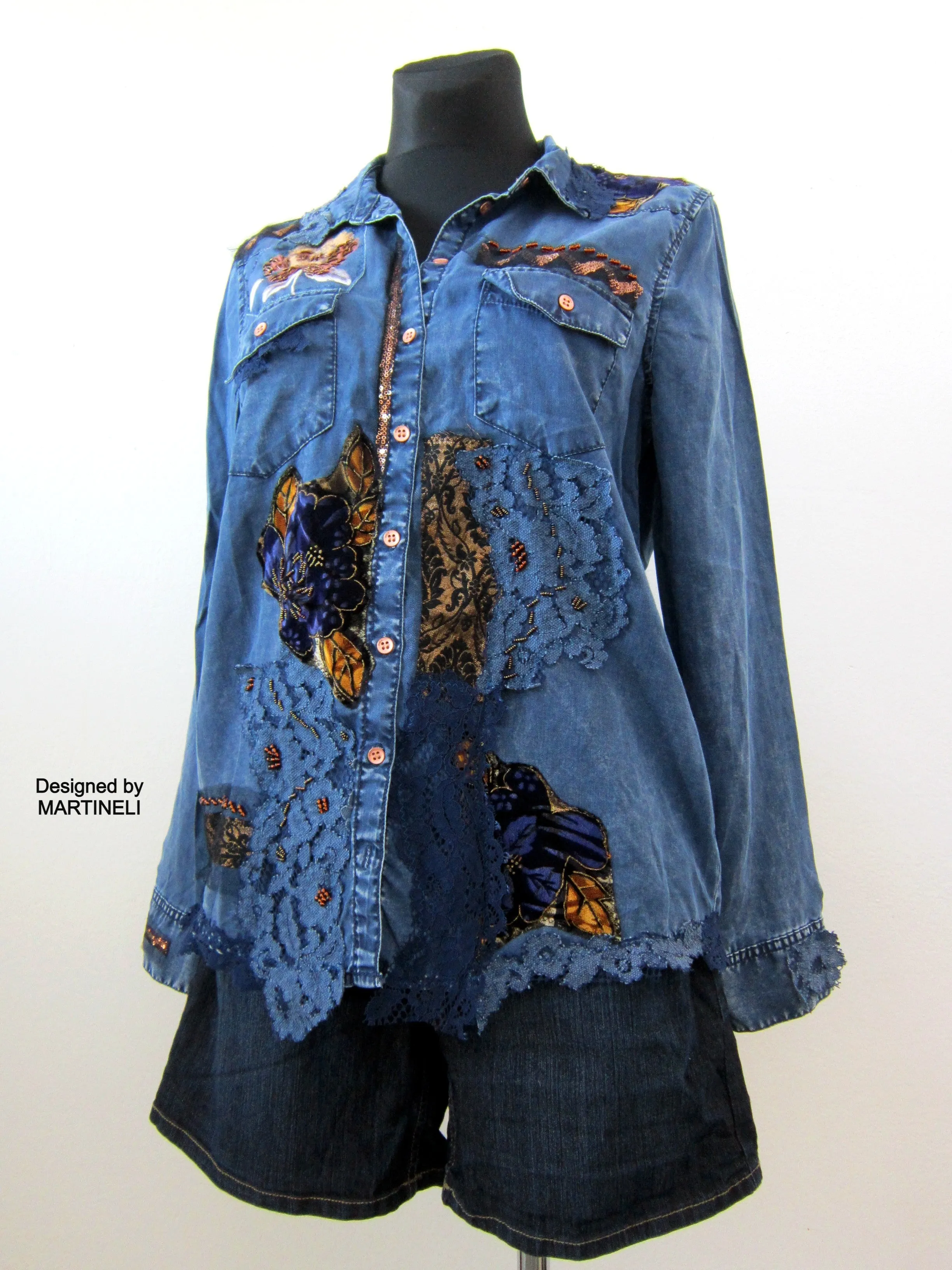 Long Sleeve Boho Chic Denim Shirt,M/L Embroidered Shirt for Women