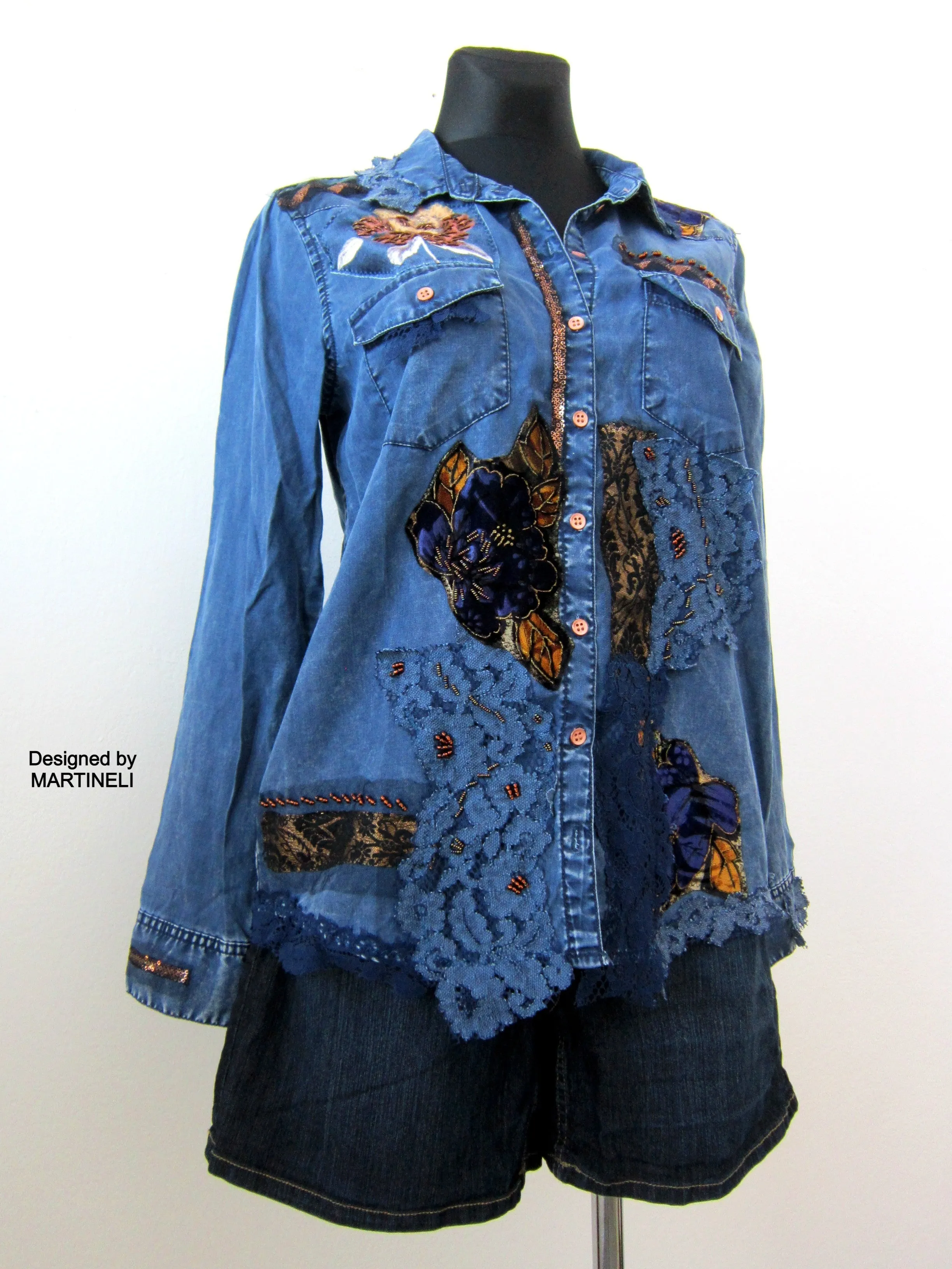 Long Sleeve Boho Chic Denim Shirt,M/L Embroidered Shirt for Women