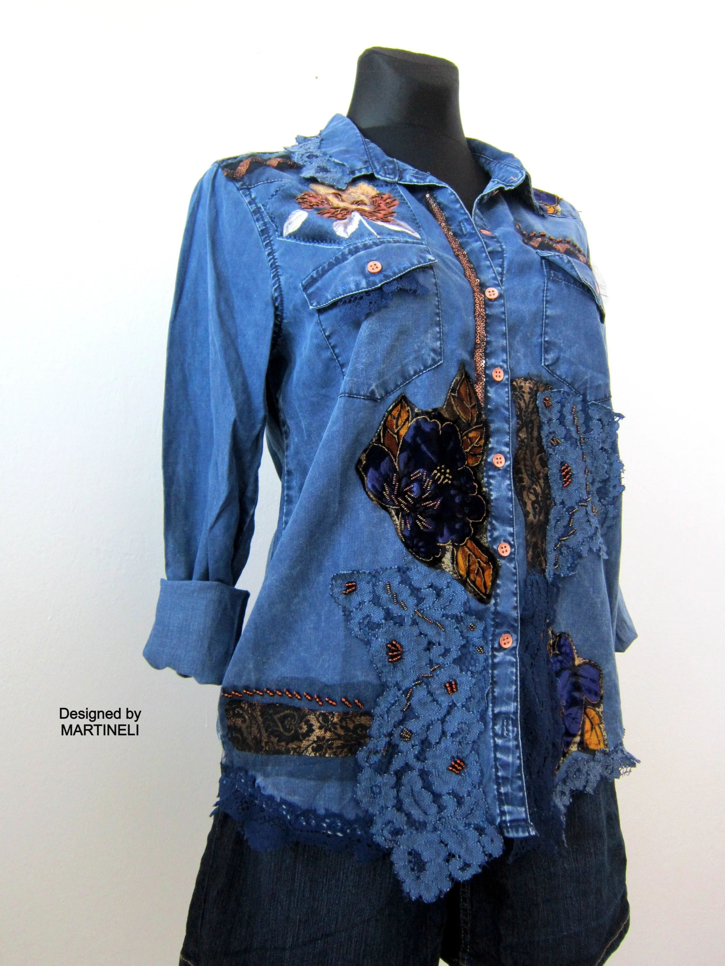 Long Sleeve Boho Chic Denim Shirt,M/L Embroidered Shirt for Women