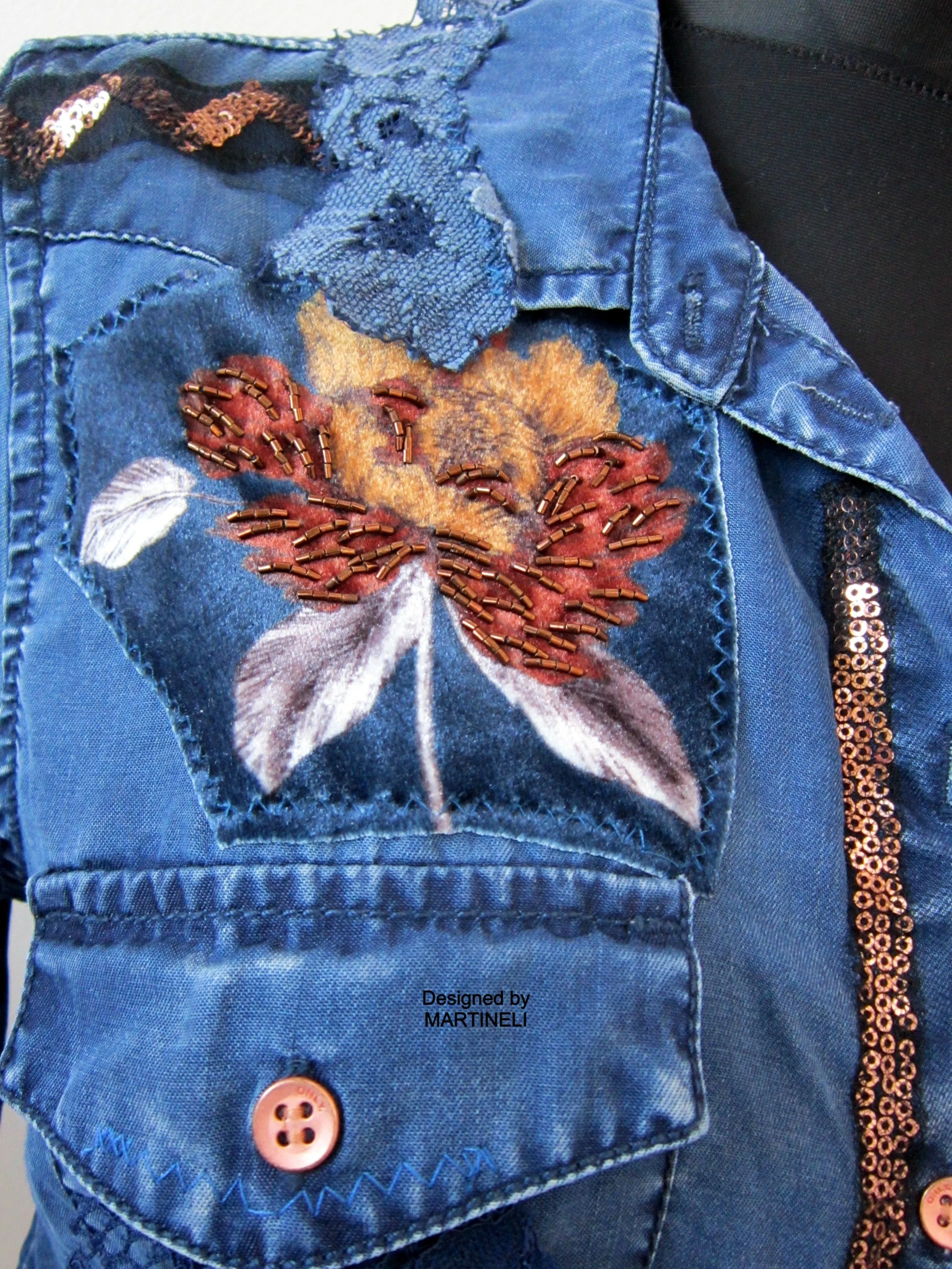 Long Sleeve Boho Chic Denim Shirt,M/L Embroidered Shirt for Women