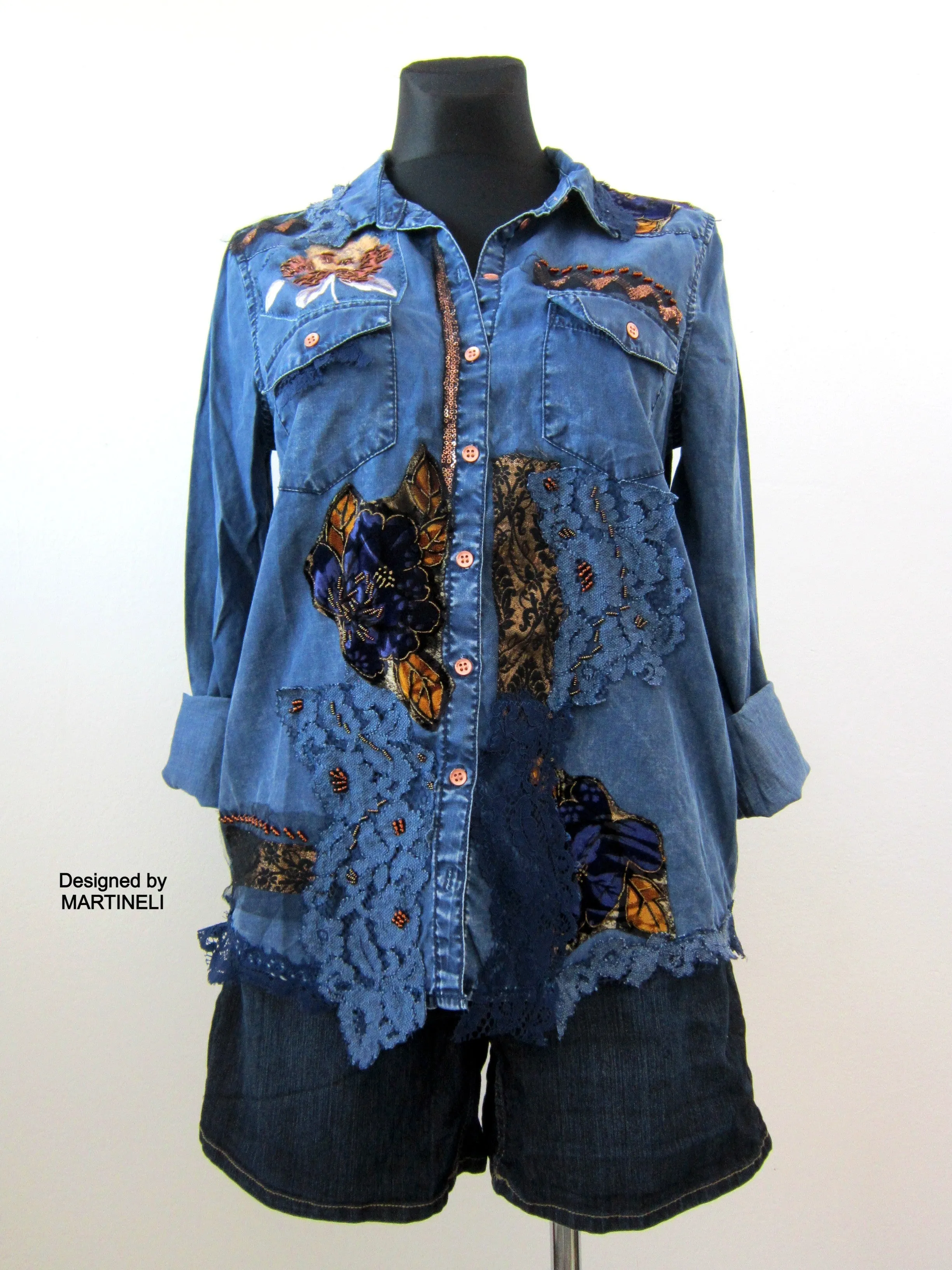 Long Sleeve Boho Chic Denim Shirt,M/L Embroidered Shirt for Women