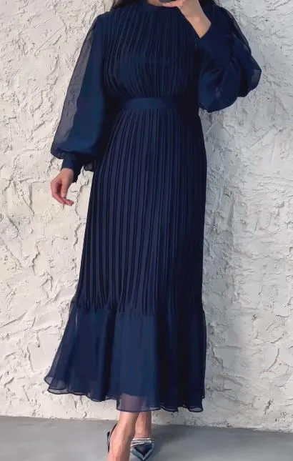 Multicolor Pleated Long Sleeve Chiffon Dress