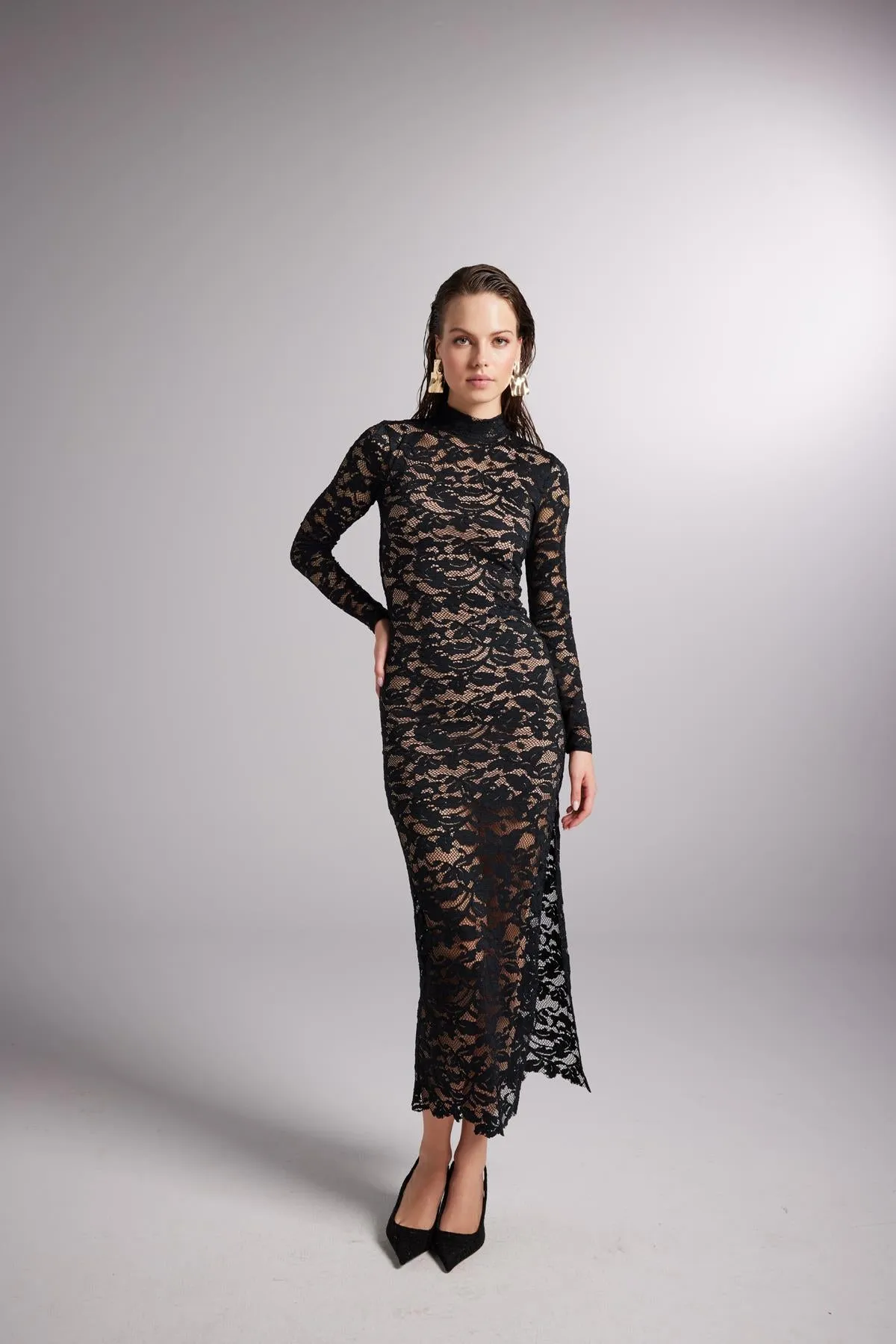 Naomi Lace Deep Slits Long Dress Black