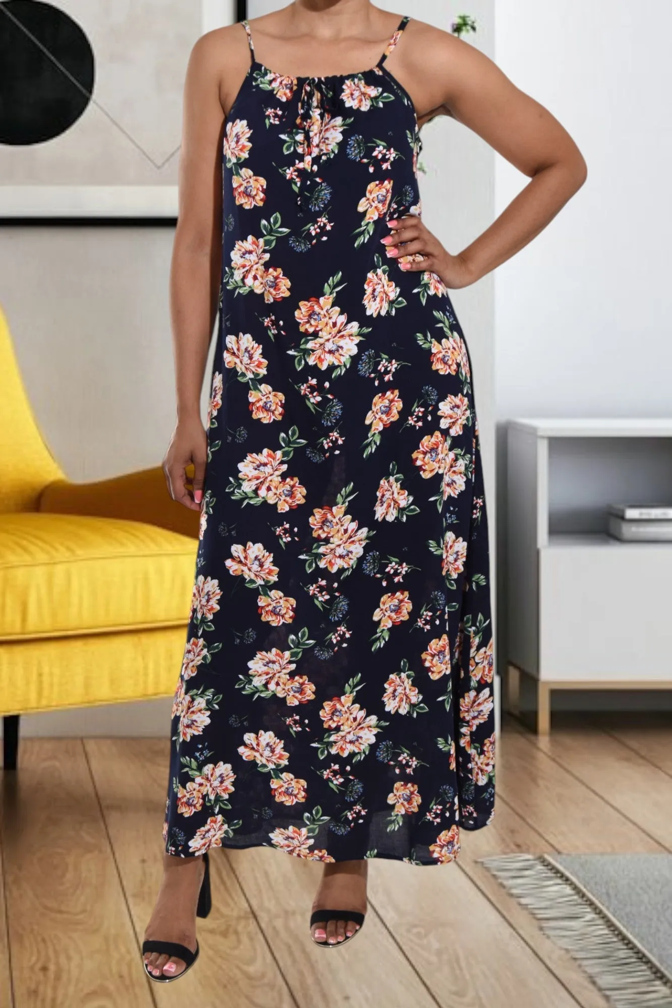Navy Floral Strappy Maxi Dress .