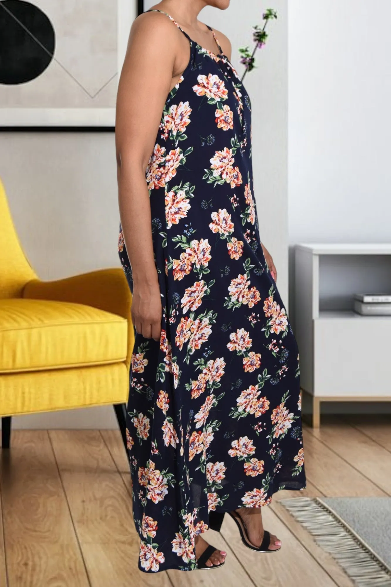 Navy Floral Strappy Maxi Dress .