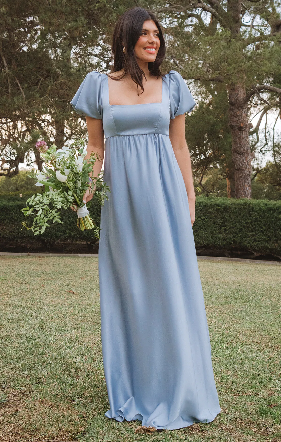 Nora Maxi Dress ~ Steel Blue Luxe Satin