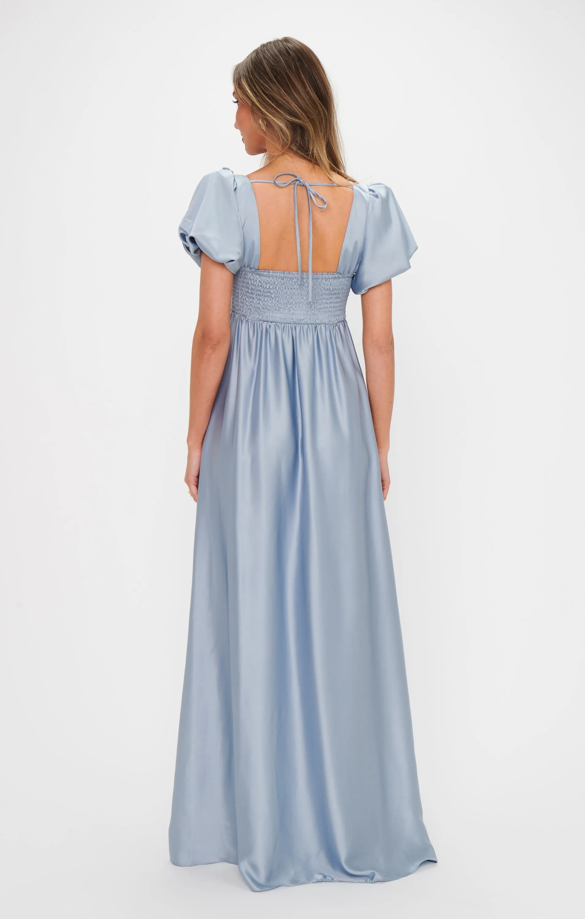 Nora Maxi Dress ~ Steel Blue Luxe Satin