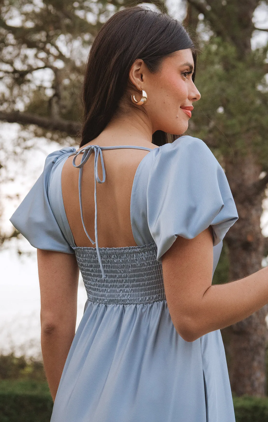 Nora Maxi Dress ~ Steel Blue Luxe Satin