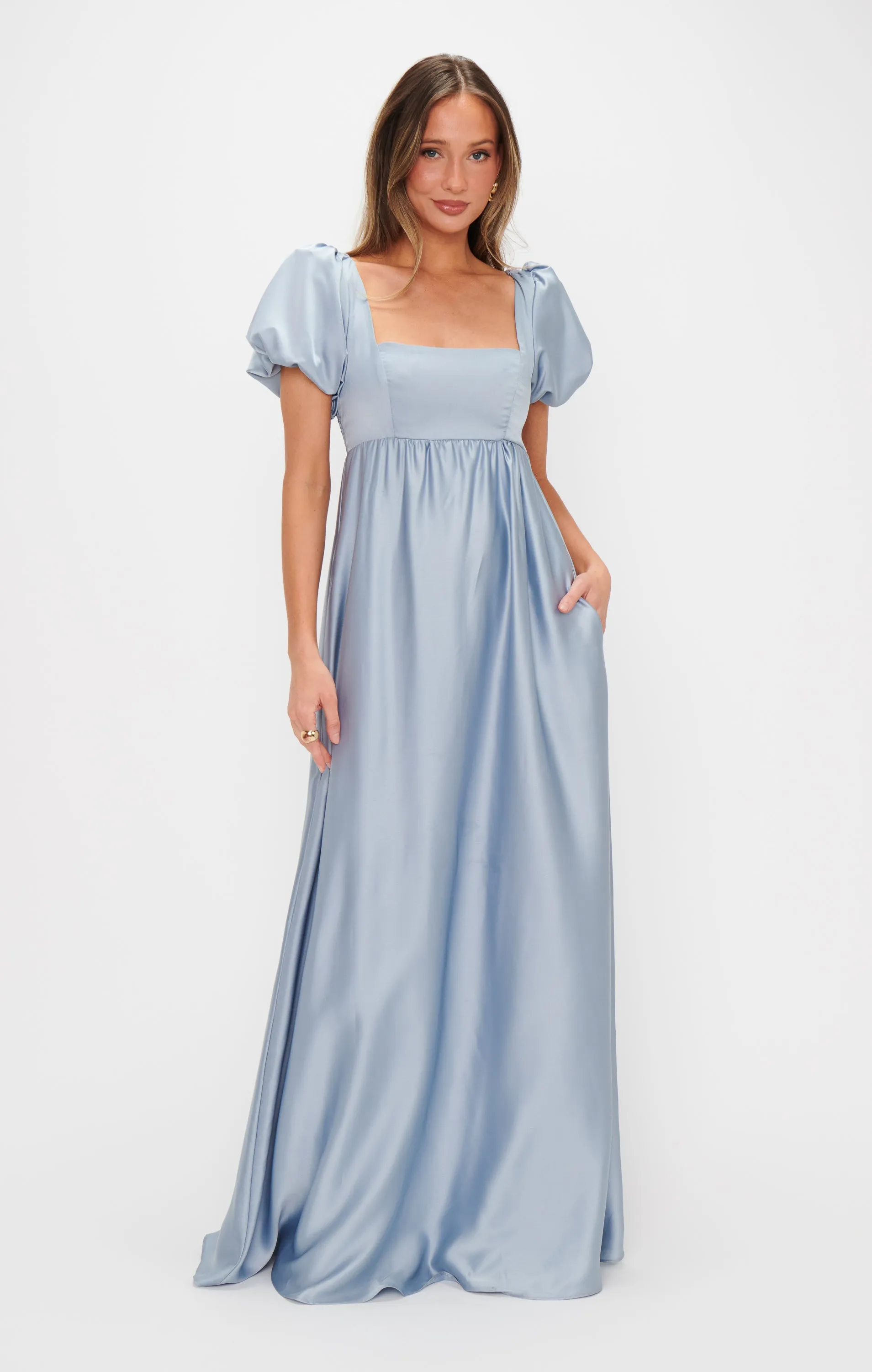 Nora Maxi Dress ~ Steel Blue Luxe Satin