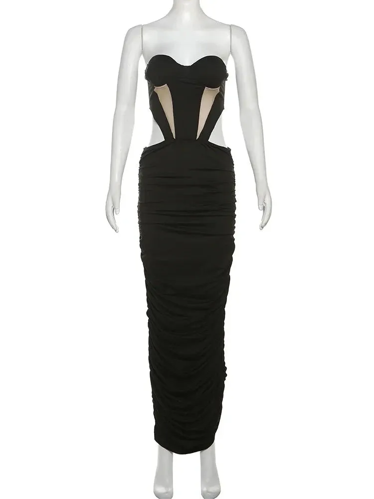 Patchwork Strapless Black Maxi Dress