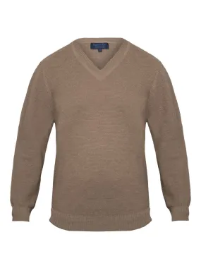 Plain Camel 2-Ply Alpaca Wool Long Sleeve V-Neck Jumper