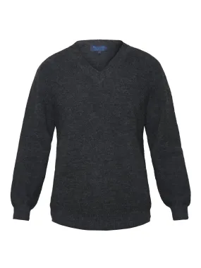 Plain Charcoal 2-Ply Alpaca Wool Long Sleeve V-Neck Jumper
