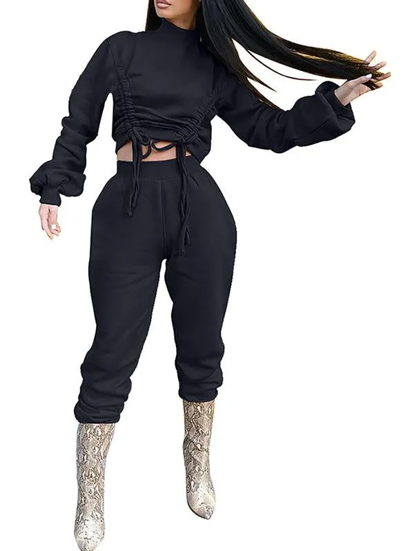 Plus Size Two Piece Outfits Ruched Crop Top Jogger Pants