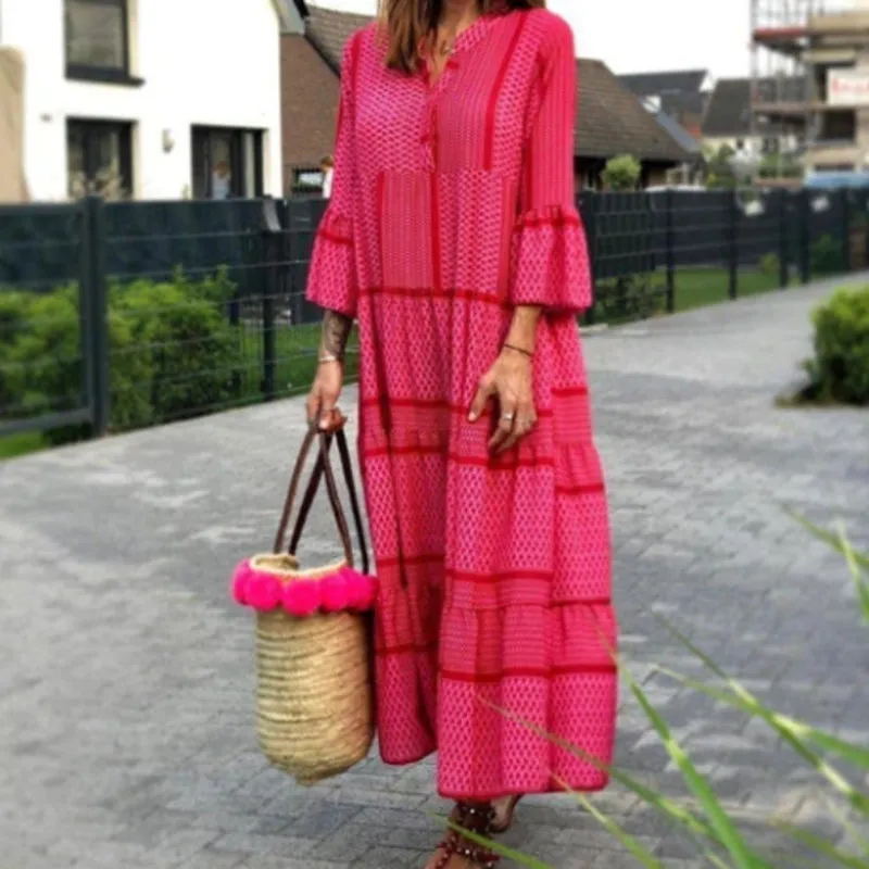 Printed maxi dress with v-neck - casual and holiday ready