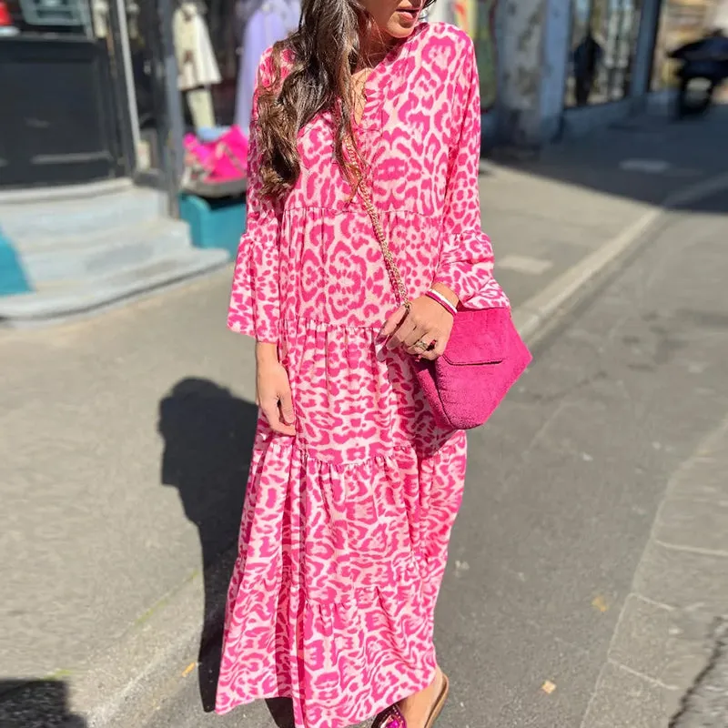 Printed maxi dress with v-neck - casual and holiday ready
