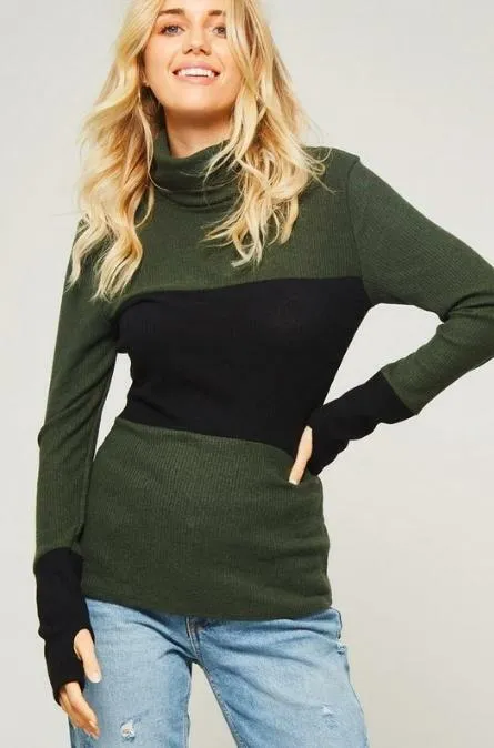 Ramona Olive and Black Colorblock Turtleneck Top